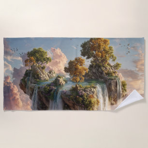 Surreal Floating Cliffs With Waterfalls Beach Towel