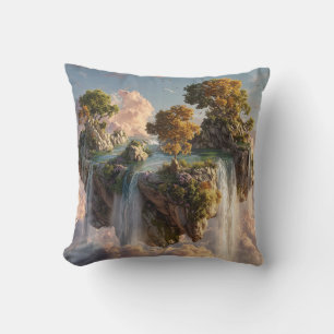Surreal Floating Cliffs With Waterfalls Cushion
