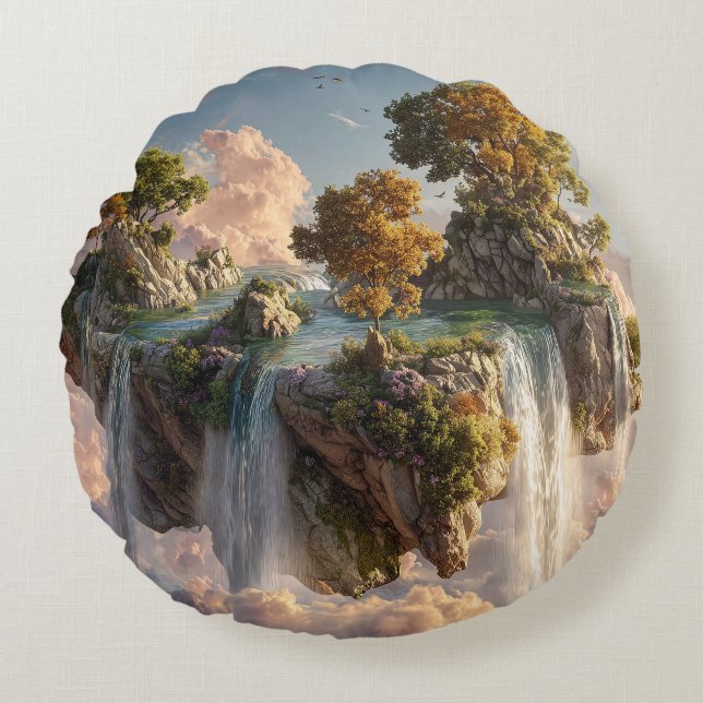 Surreal Floating Cliffs With Waterfalls Round Cushion (Front)