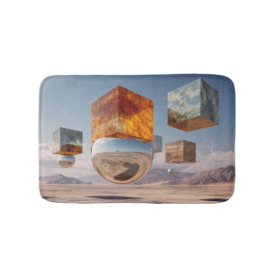 Surreal Floating Cubes And Reflective Sphere Bath Mat