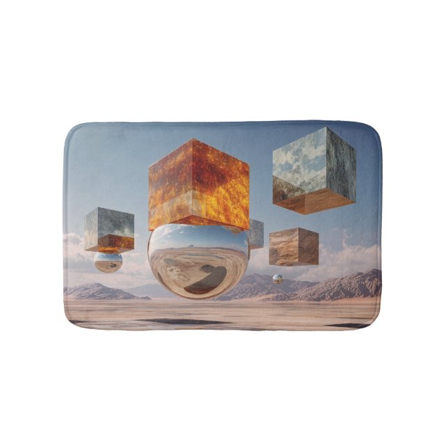 Surreal Floating Cubes And Reflective Sphere Bath Mat (Front)