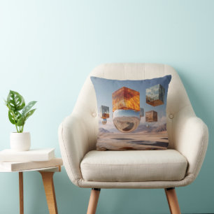 Surreal Floating Cubes And Reflective Sphere Cushion