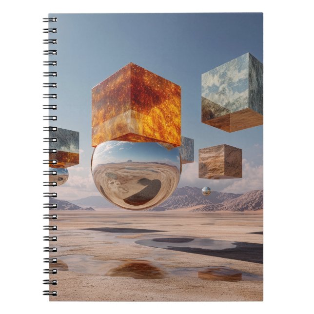 Surreal Floating Cubes And Reflective Sphere Notebook (Front)
