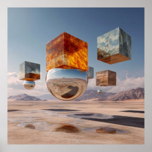 Surreal Floating Cubes And Reflective Sphere Poster