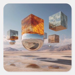 Surreal Floating Cubes And Reflective Sphere Square Sticker