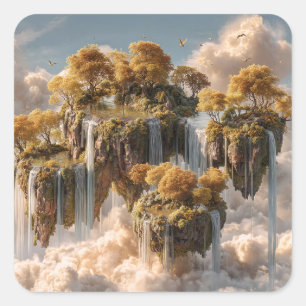 Surreal Floating Islands With Golden Trees Square Sticker