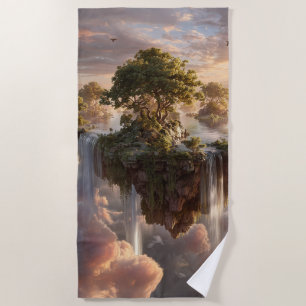 Surreal Floating Islands With Waterfalls Beach Towel