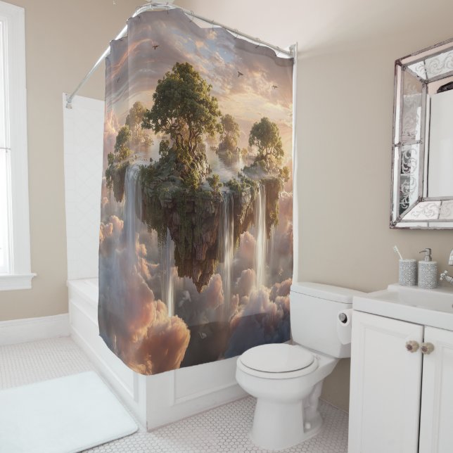 Surreal Floating Islands With Waterfalls Shower Curtain (In Situ)