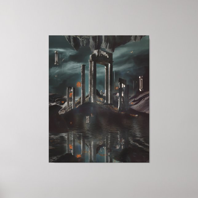Surreal Floating Ruins Obsidian Pool Canvas Print (Front)