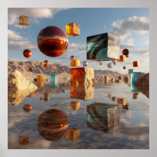 Surreal Floating Spheres And Cubes Poster