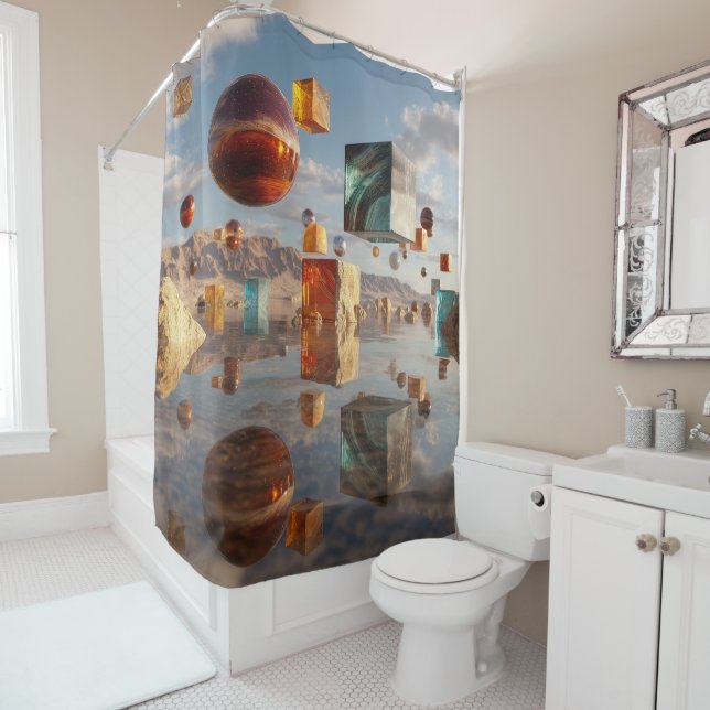 Surreal Floating Spheres And Cubes Shower Curtain (In Situ)