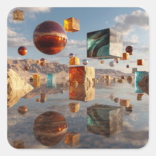 Surreal Floating Spheres And Cubes Square Sticker