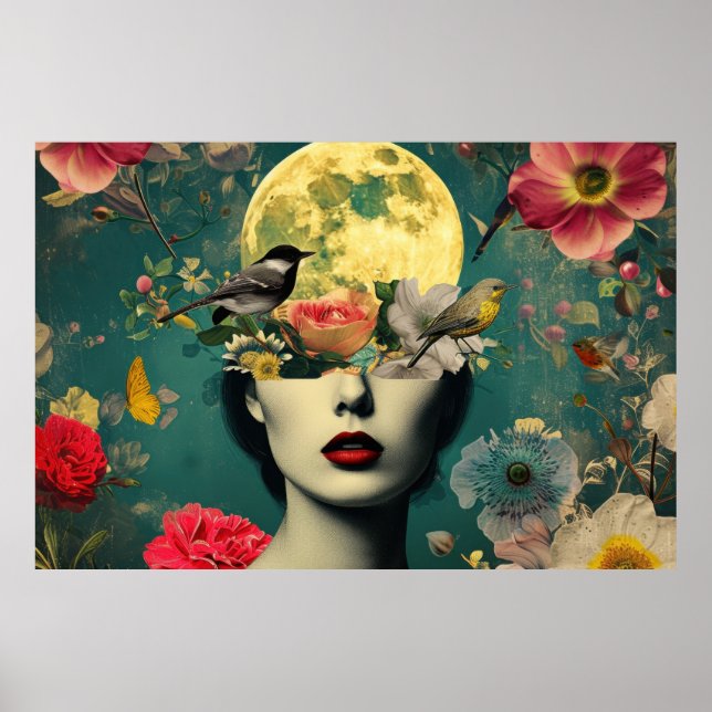Surreal Floral Moon Portrait Poster (Front)