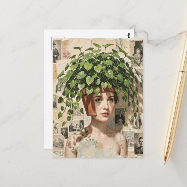 Surreal Flower Pot Woman Postcard (Front/Back In Situ)
