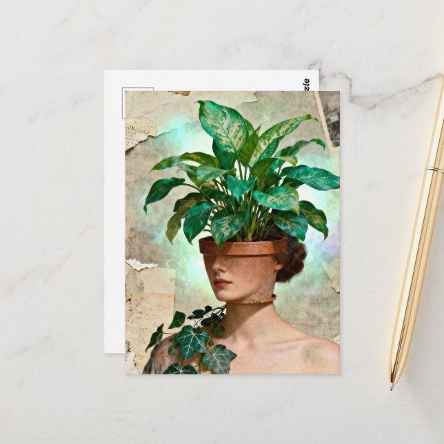 Surreal Flower Pot Woman Postcard (Front/Back In Situ)