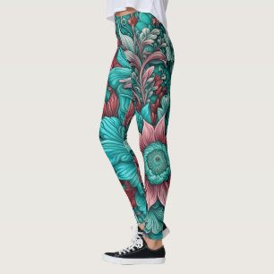Surreal flowers, cyan blue red and pink leggings