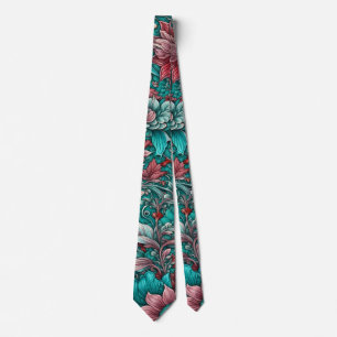 Surreal flowers, cyan blue red  tie