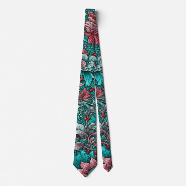 Surreal flowers, cyan blue red  tie (Front)