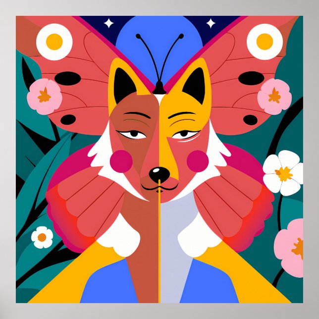 Surreal Fox Butterfly Hybrid with Floral Elements Poster (Front)