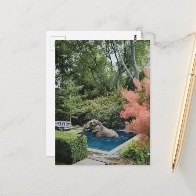 Surreal Funny Beautiful Elephant in the pool Postcard (Front/Back In Situ)