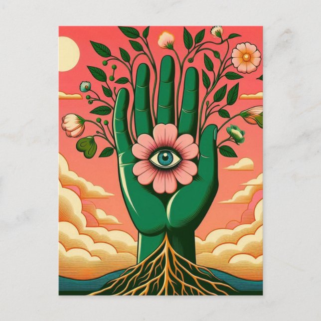 Surreal Gardeners Green Hand Pink Sky Postcard (Front)