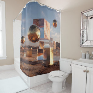 Surreal Geometric Composition With Golden Spheres Shower Curtain