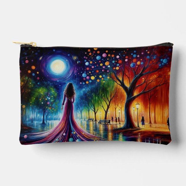 Surreal girl fantasy moonlight park rainbow trees accessory pouch (Front)