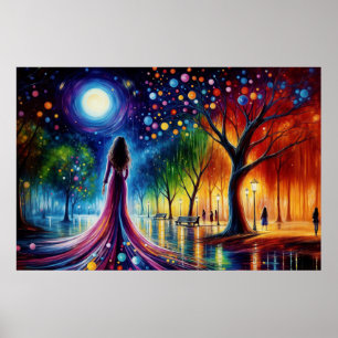 Surreal girl fantasy moonlight park rainbow trees poster