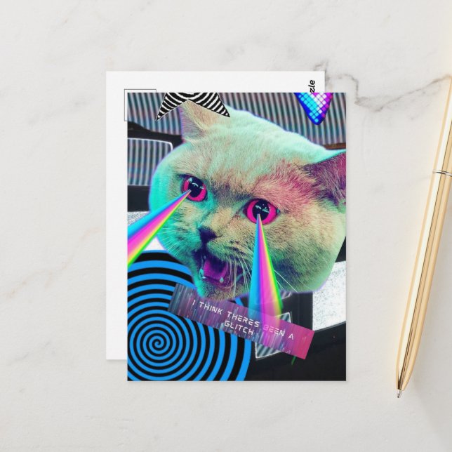 Surreal Glitch Cat Collage Postcard (Front/Back In Situ)