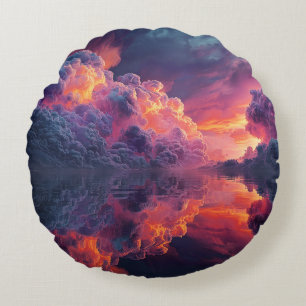 Surreal Glowing Sunset Clouds Reflected In Water Round Cushion