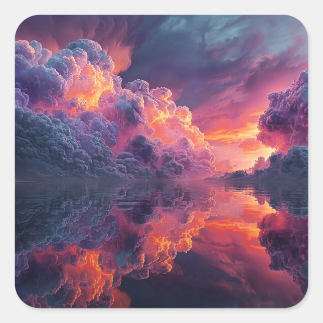 Surreal Glowing Sunset Clouds Reflected In Water Square Sticker (Front)