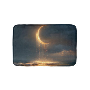 Surreal Golden Crescent Moon Above Ocean Bath Mat
