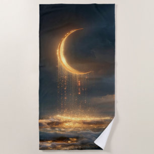 Surreal Golden Crescent Moon Above Ocean Beach Towel