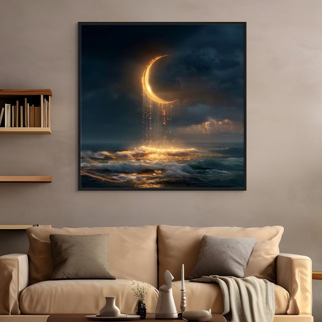 Surreal Golden Crescent Moon Above Ocean Canvas Print (Creator Uploaded)