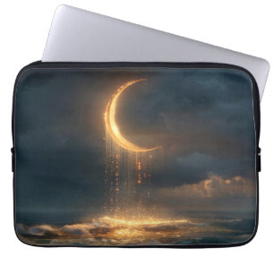 Surreal Golden Crescent Moon Above Ocean Laptop Sleeve