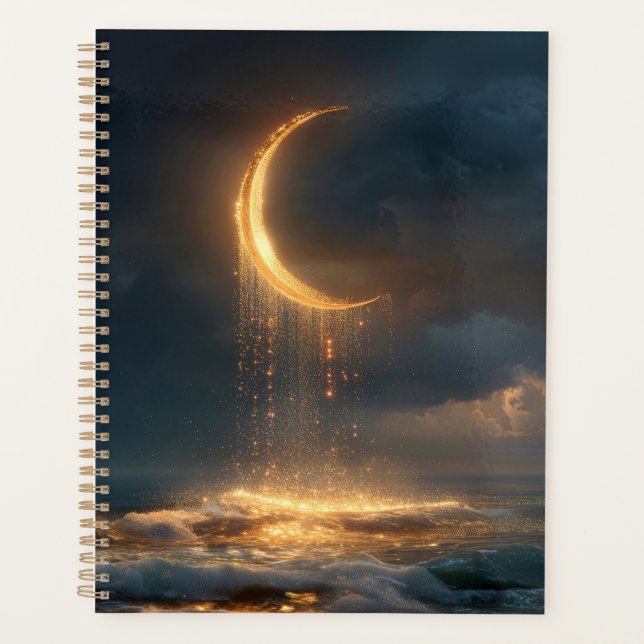 Surreal Golden Crescent Moon Above Ocean Planner (Front)
