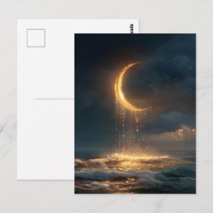 Surreal Golden Crescent Moon Above Ocean Postcard