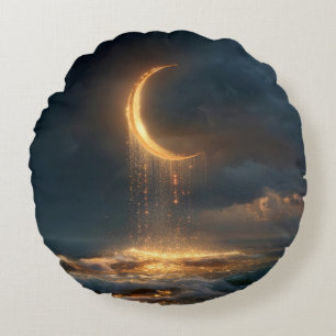 Surreal Golden Crescent Moon Above Ocean Round Cushion
