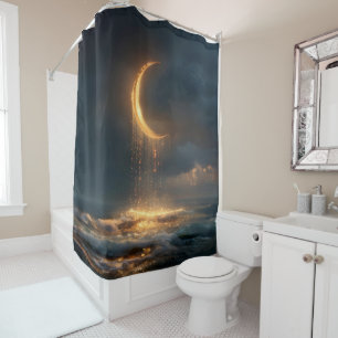 Surreal Golden Crescent Moon Above Ocean Shower Curtain