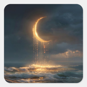 Surreal Golden Crescent Moon Above Ocean Square Sticker
