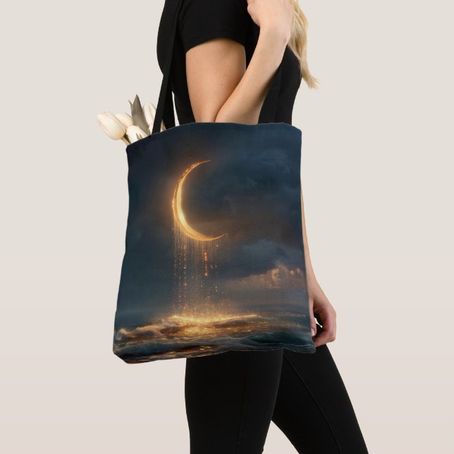 Surreal Golden Crescent Moon Above Ocean Tote Bag (Close Up)