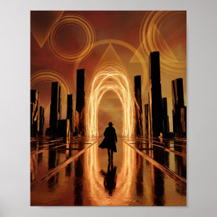 Surreal Golden Light Tunnel Silhouette Digital Art Poster