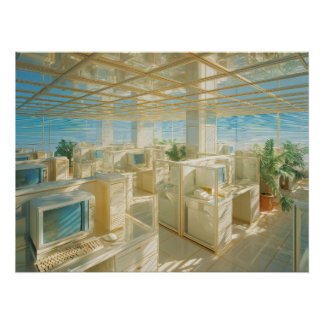 Surreal Golden Office with Vintage Computers Poster