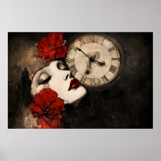 Surreal Gothic Woman with Red Poppies and Vintage  Poster