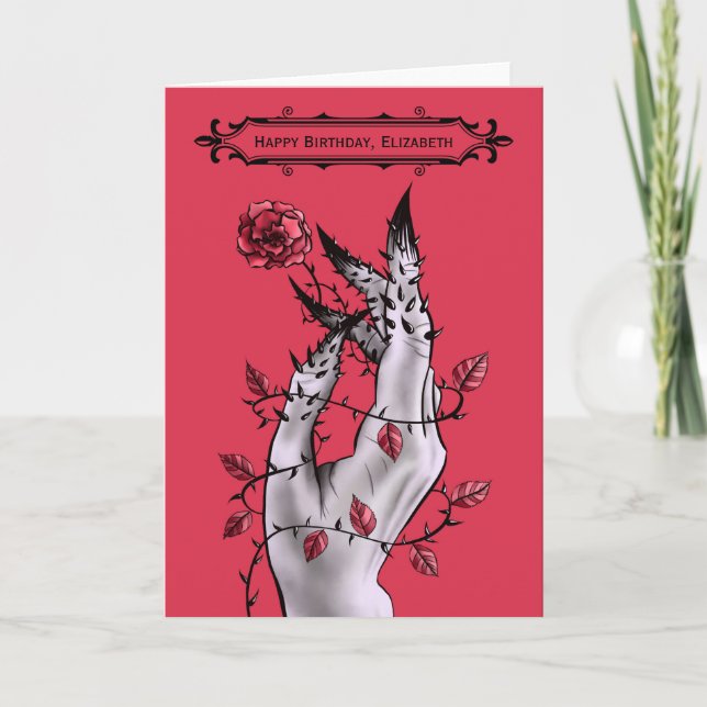 Surreal Horror Hand With Roses Gothic Birthday Card (Front)