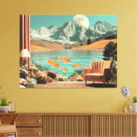 Surreal Interior with Fish and Moonlit Landscape
