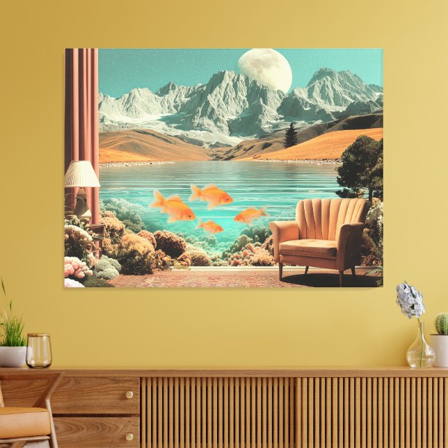 Surreal Interior with Fish and Moonlit Landscape Canvas Print (Insitu(LivingRoom))