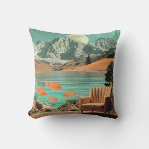 Surreal Interior with Fish and Moonlit Landscape Cushion