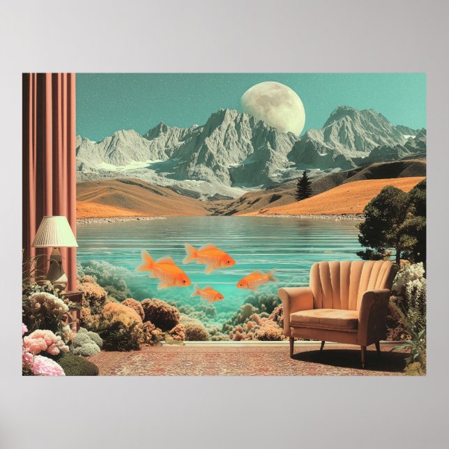 Surreal Interior with Fish and Moonlit Landscape Poster (Front)