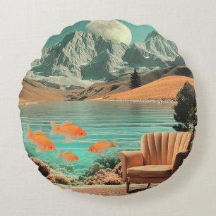 Surreal Interior with Fish and Moonlit Landscape Round Cushion